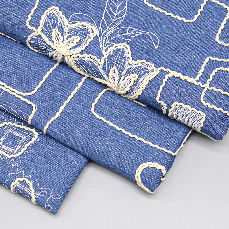 Premium Denim Cord Embroidery Fabric – Floral Leaf Block Design, Soft & Stylish